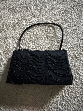 Source Unknown Black Satin Shoulder Bag with Wave Bead Trim